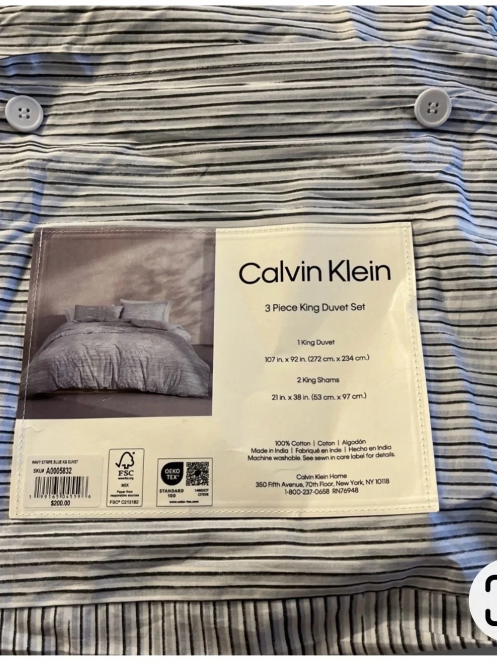Calvin Klein Washed Cotton Percale Pinstripe Duvet Cover in Light Gray and White